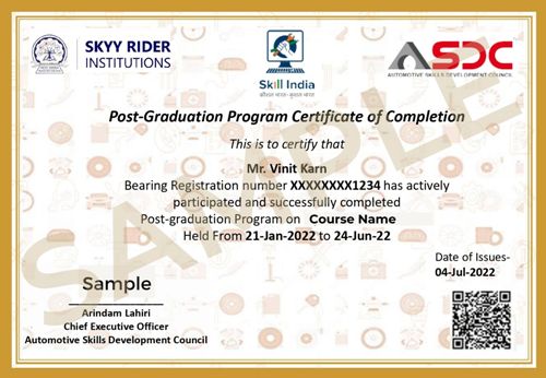 Internship Certificate by ASDC (Automotive Development Council- Govt of India) on Electric Vehicle